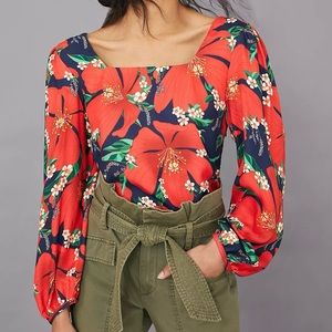 Anthropologie Farm Rio Anouk Floral Blouse Hawaiian Hibiscus Flower Square Neck